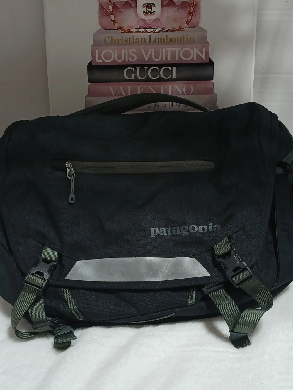 Patagonia Black Messenger Bag with Olive Straps Unisex